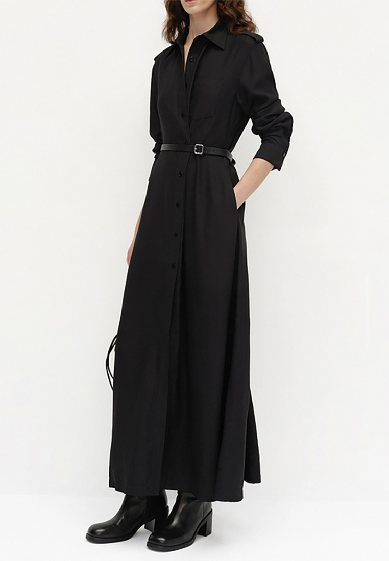New Arrival Black Long High Waist Belt Dress CA25100907BK