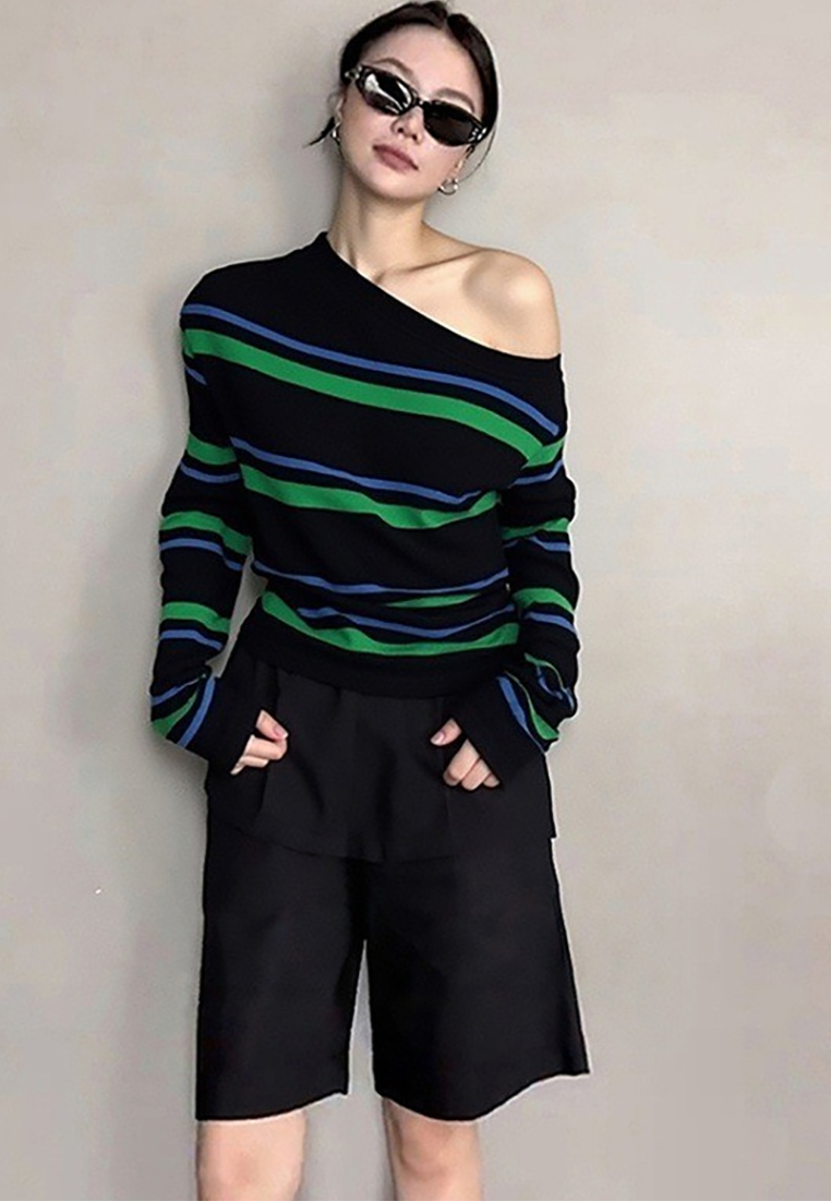 Autumn off-shoulder green striped knitted top CA25102407GR