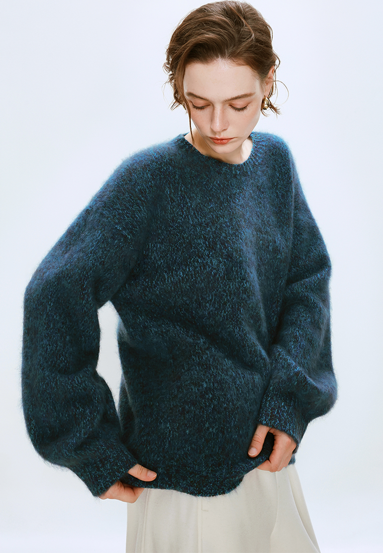 Autumn/Winter Wool Brushed Floral Yarn Knit Crew Neck Sweater CA25110307BL