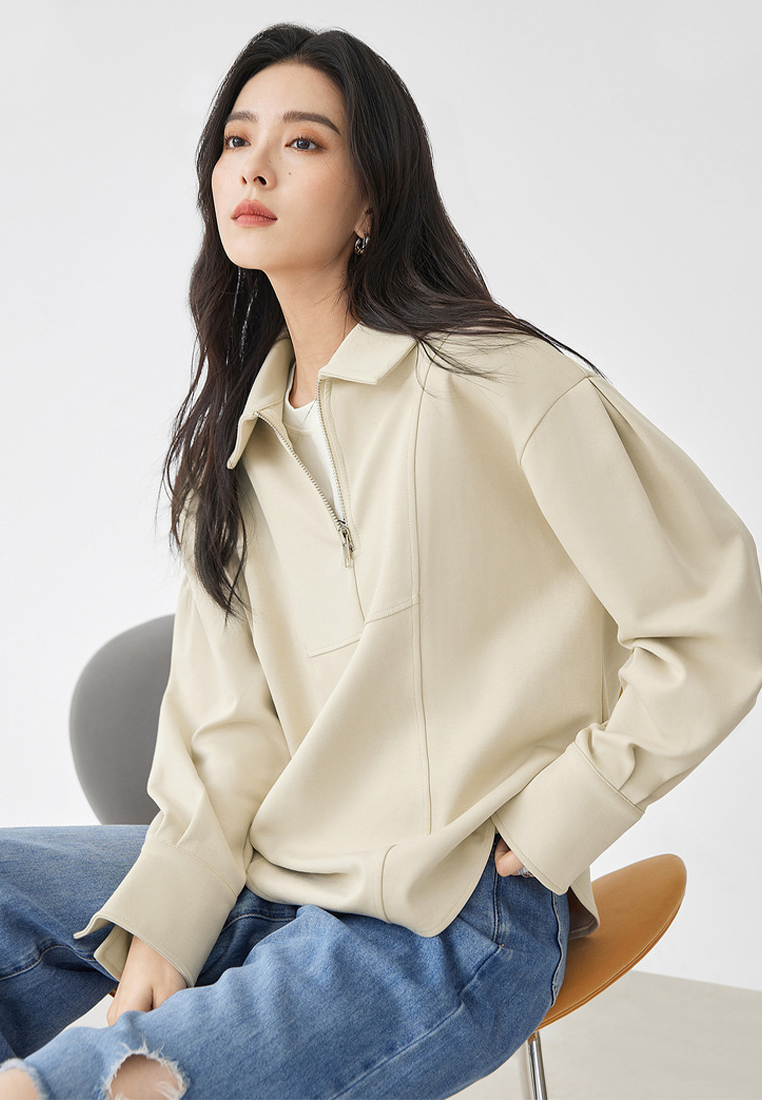 Simple design zipper lapel commuting top sweatshirt CA120407BE