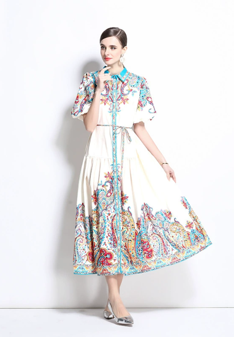 Vintage cotton and linen lantern sleeve printed dress CA25031207W