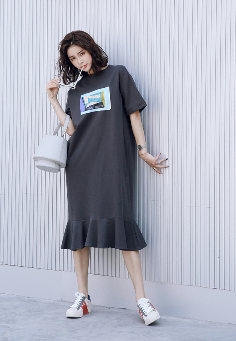 Summer short-sleeved T-shirt skirt loose fishtail dress simple slouchy over the knee 9107