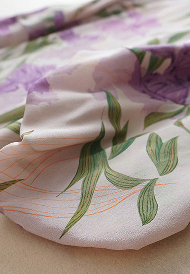 Elegant flower printed lantern sleeve dress A110607