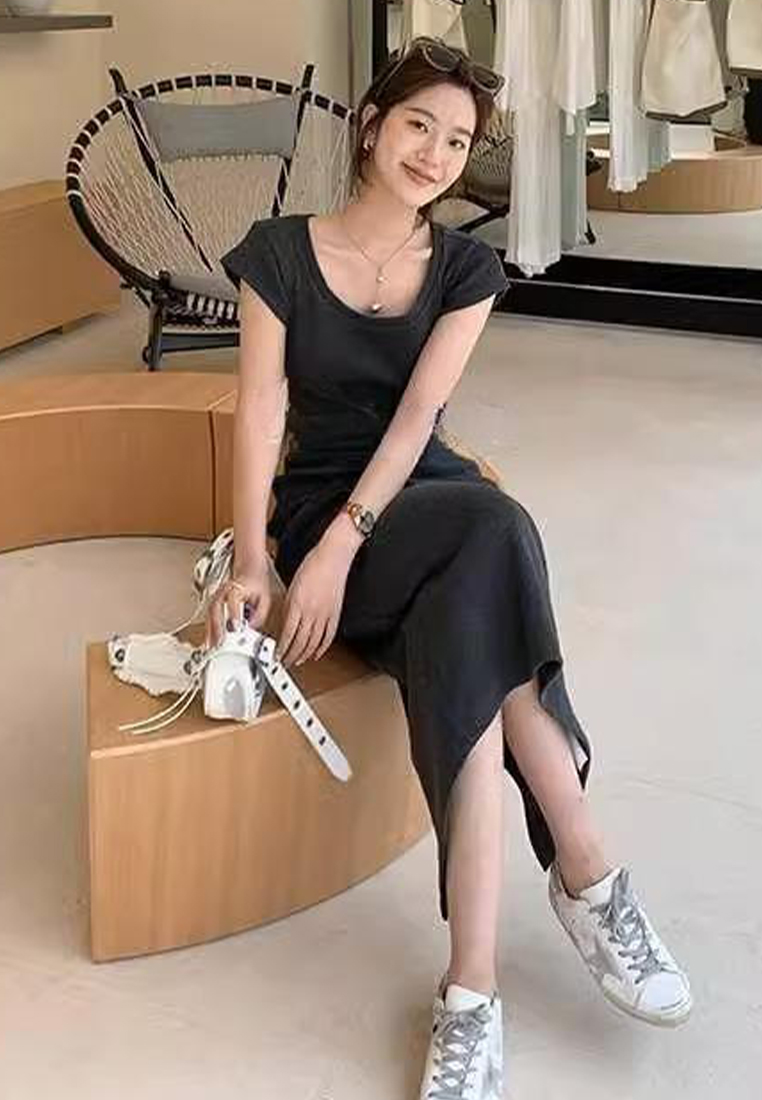 New summer short-sleeved knitted mid-slit long dress CA24050607DGGY