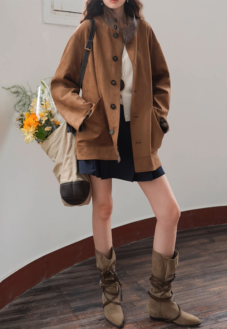 2024 Winter New Checkered Stand up Collar Coat for Women CA24111207BW