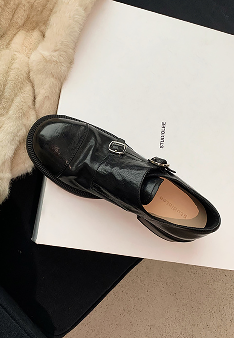 Cowhide double buckle round toe thick heel loafers CA25030318BK