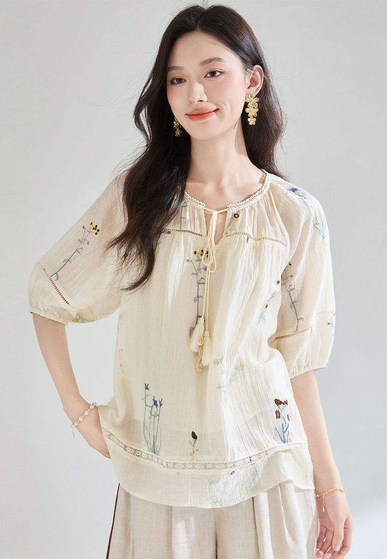 Summer French Tencel Hollow Lace Splicing Top CA25052907BE