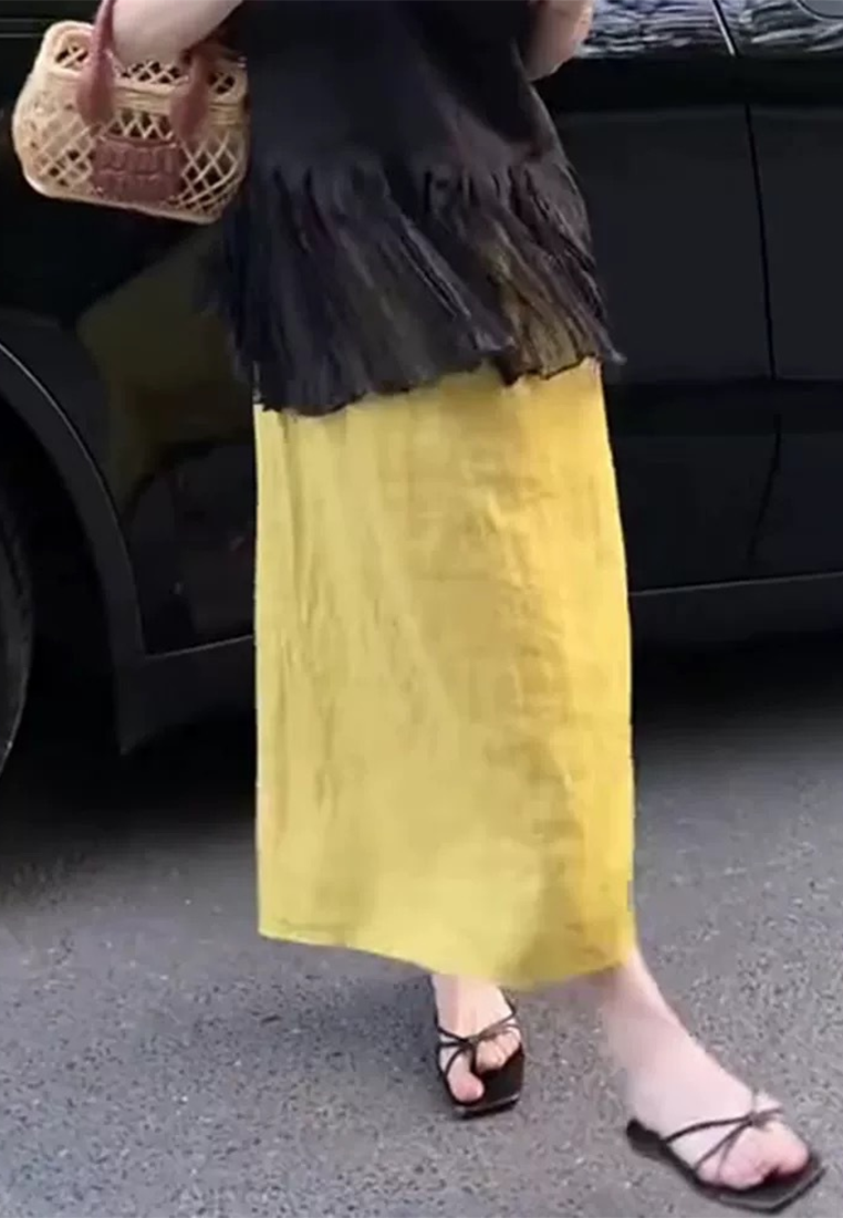 New Summer High-waisted Yellow Linen Split A-line Skirt CA25061707YE
