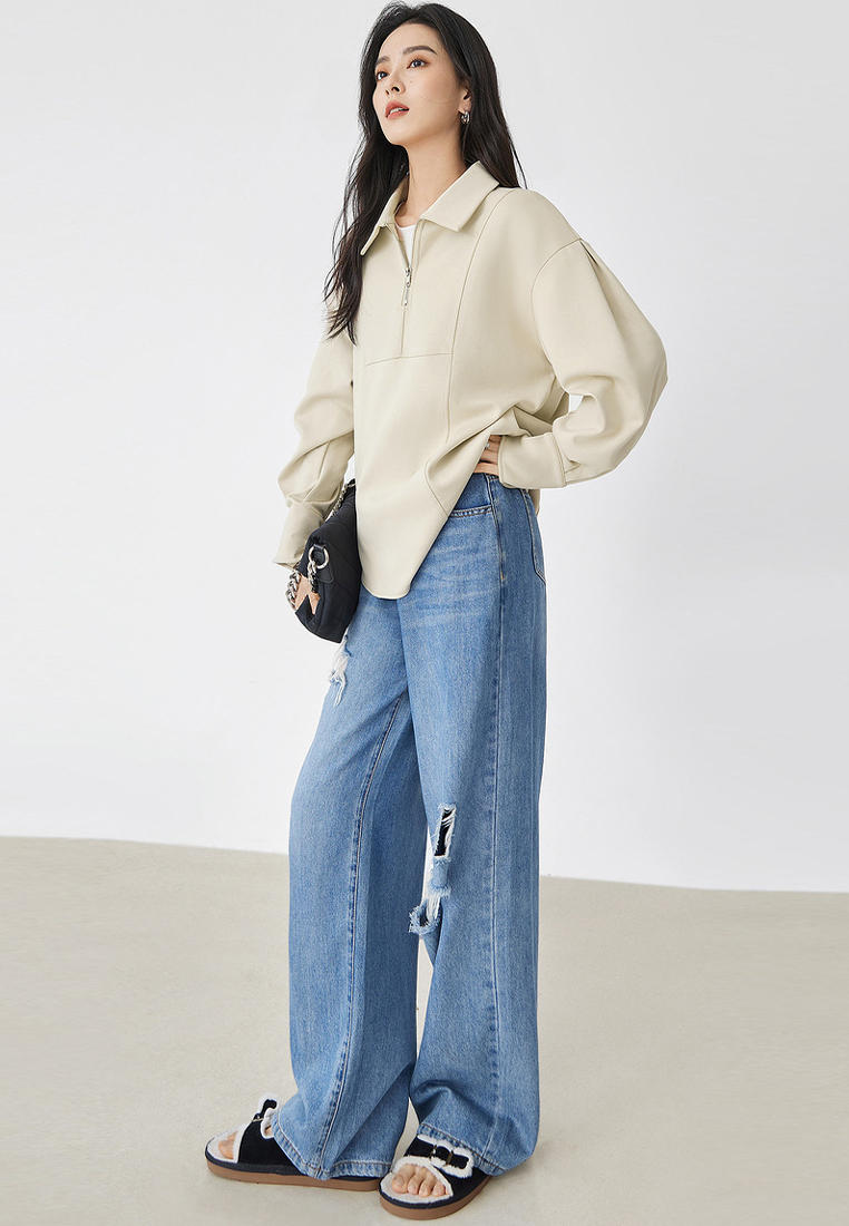 Simple design zipper lapel commuting top sweatshirt CA120407BE