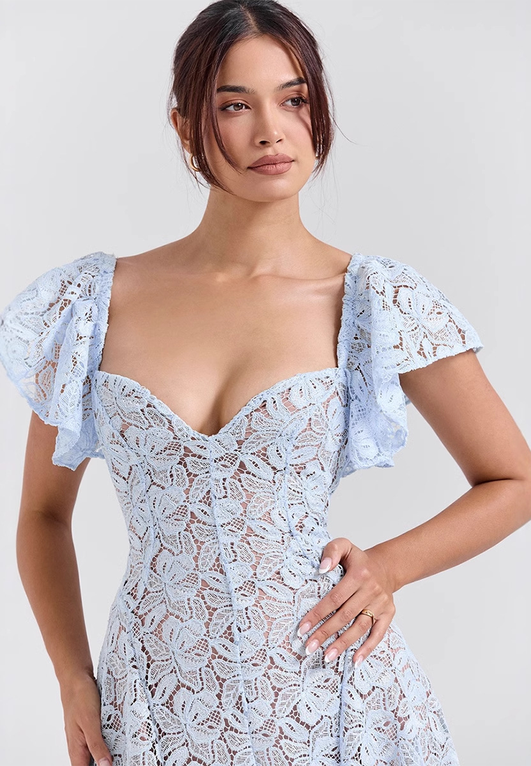 European and American Court Retro Lace V-Neck Short Sleeve Long Dress CA25091506BL