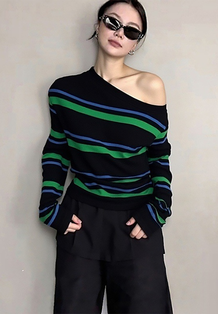 Autumn off-shoulder green striped knitted top CA25102407GR