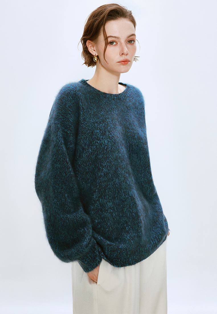 Autumn/Winter Wool Brushed Floral Yarn Knit Crew Neck Sweater CA25110307BL