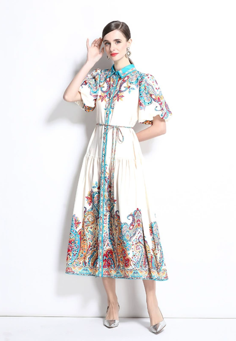 Vintage cotton and linen lantern sleeve printed dress CA25031207W