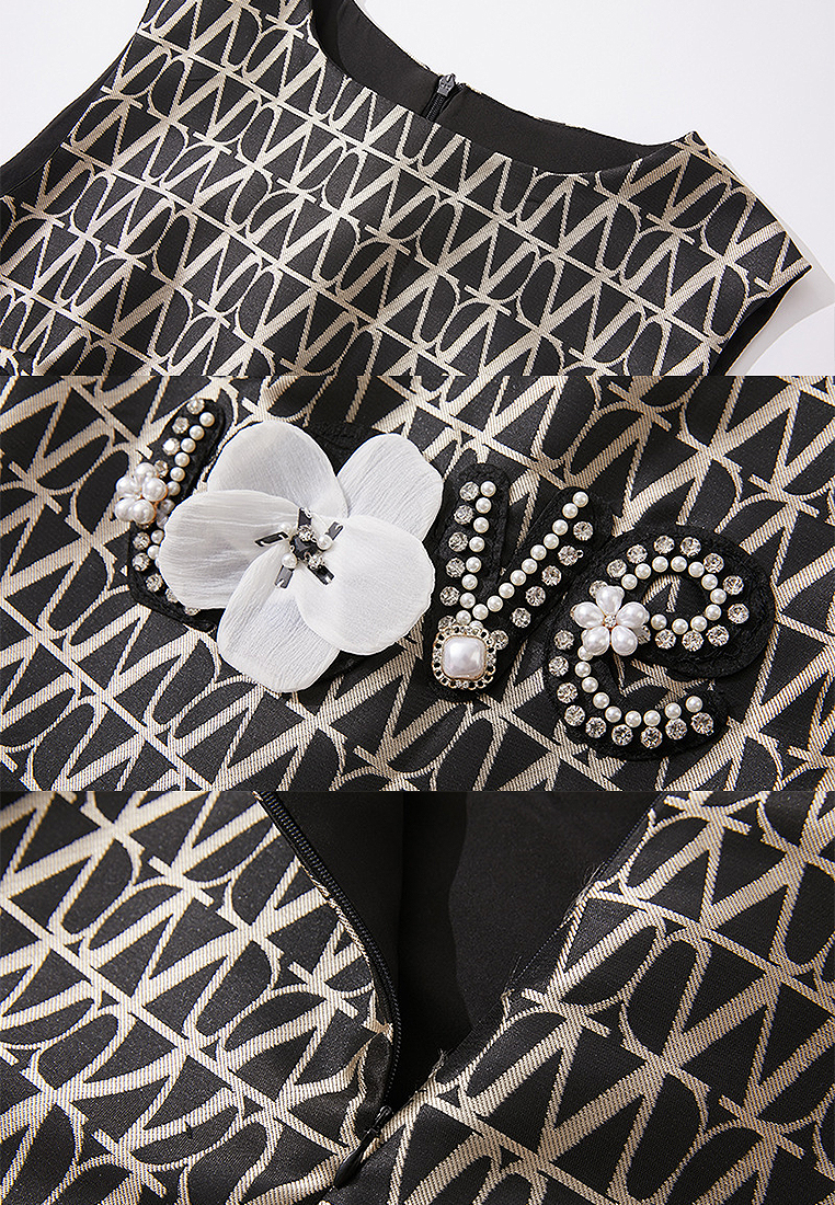 Embroidered beaded jacquard sleeveless dress A021907