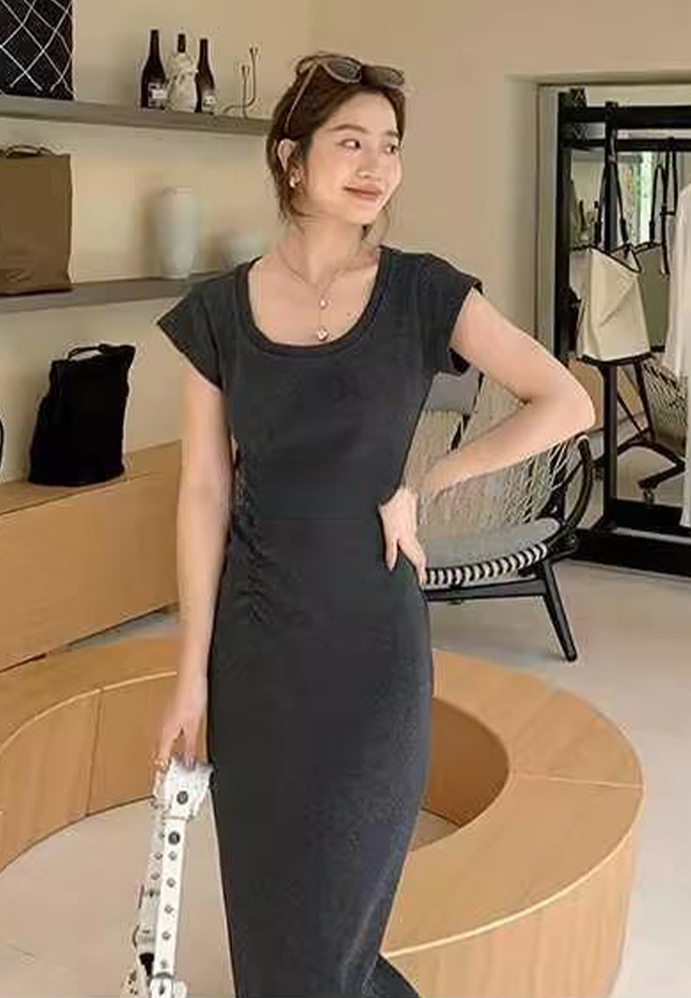 New summer short-sleeved knitted mid-slit long dress CA24050607DGGY