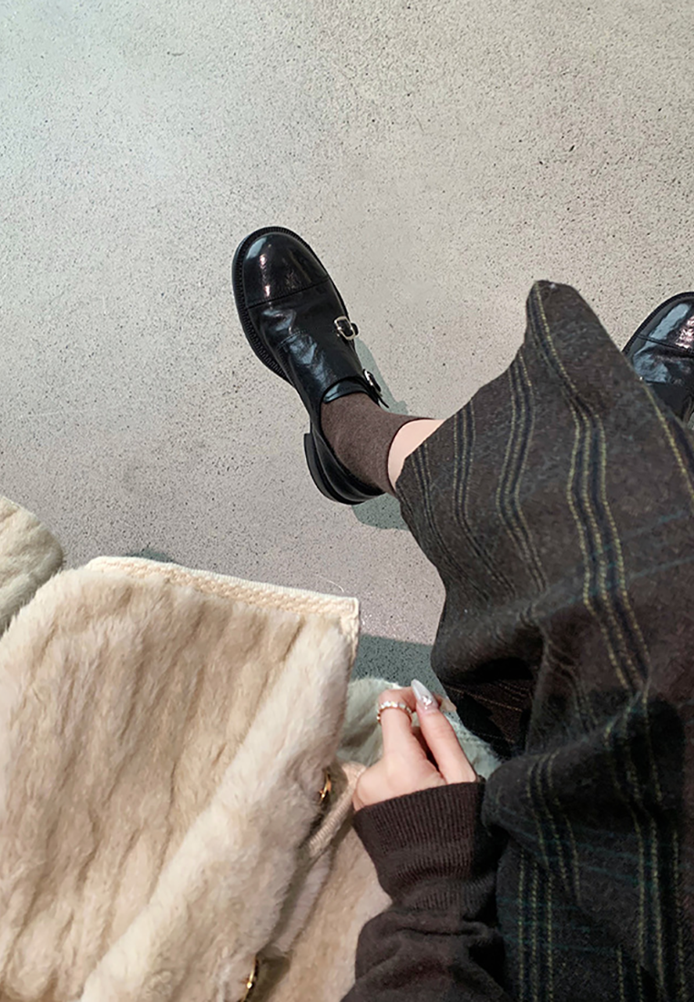 Cowhide double buckle round toe thick heel loafers CA25030318BK