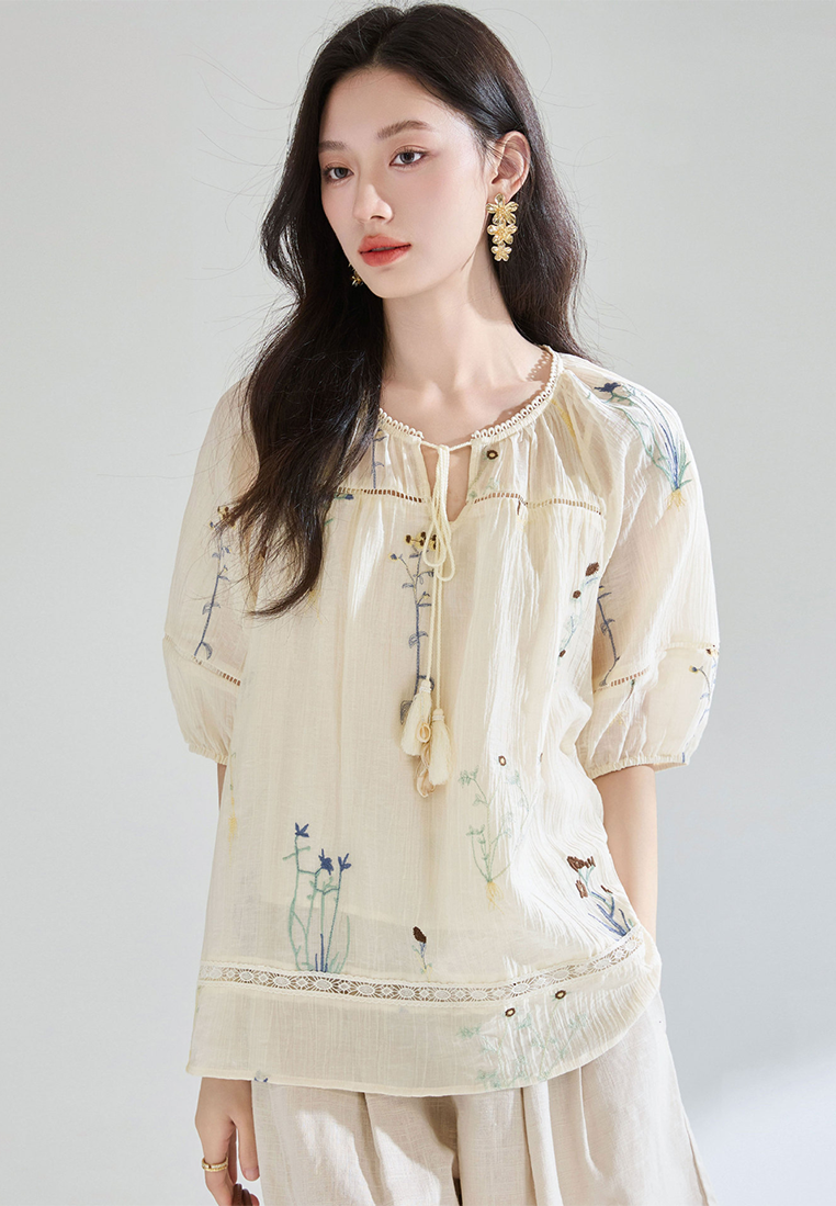 Summer French Tencel Hollow Lace Splicing Top CA25052907BE