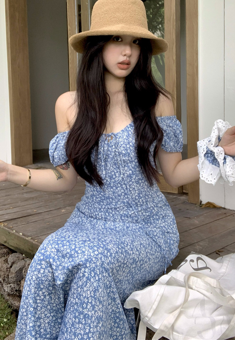 French summer style slim fit long dress CA250325107BL