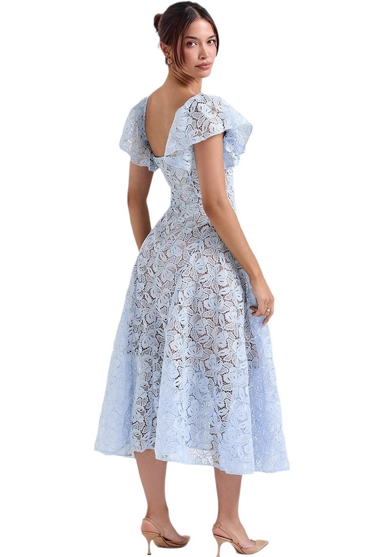 European and American Court Retro Lace V-Neck Short Sleeve Long Dress CA25091506BL