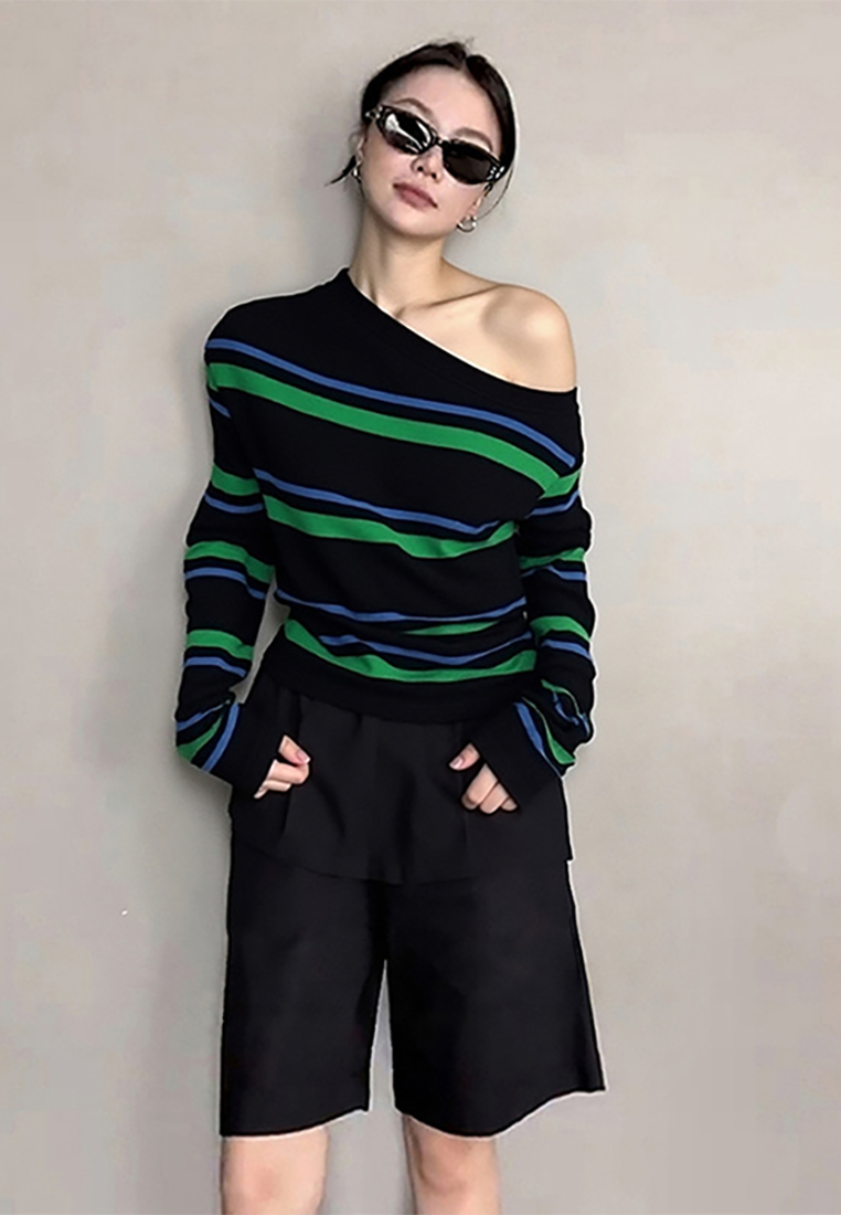 Autumn off-shoulder green striped knitted top CA25102407GR
