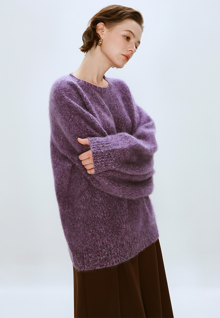 Autumn/Winter Wool Brushed Floral Yarn Knit Crew Neck Sweater CA25110307BL