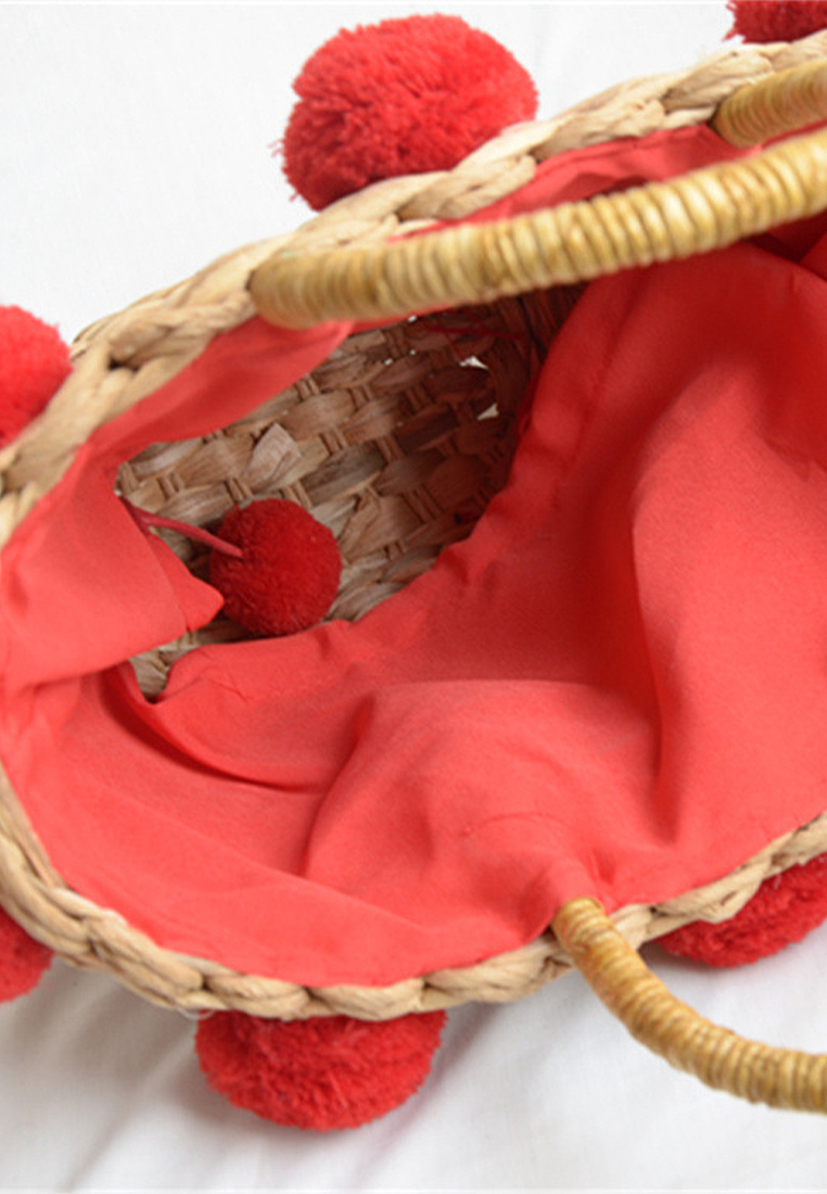 New style handmade straw handbag with wool balls CA24062007