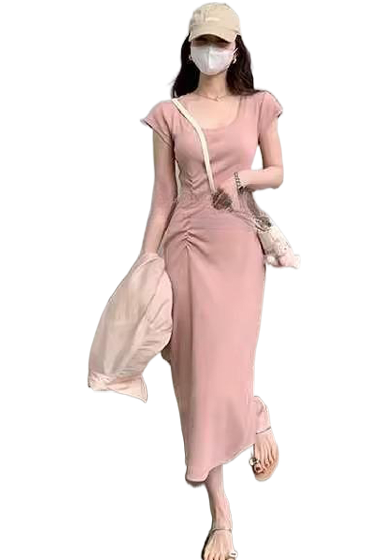 New summer short-sleeved knitted mid-slit long dress CA24050607DGGY