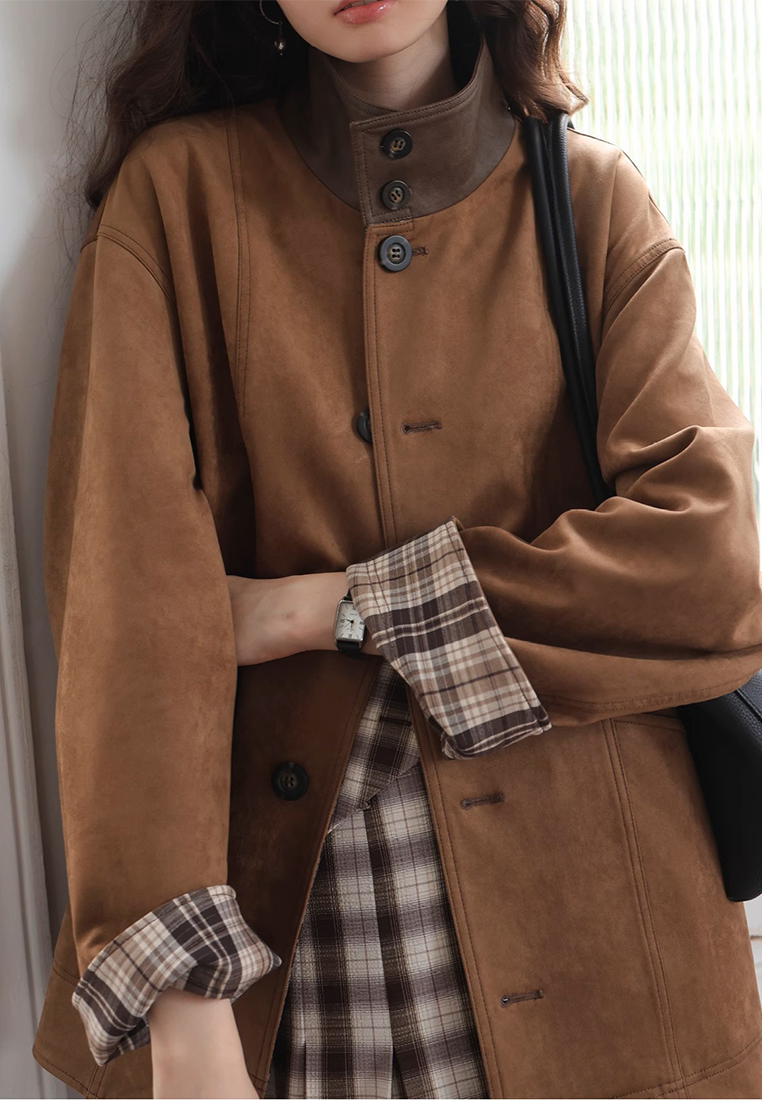 2024 Winter New Checkered Stand up Collar Coat for Women CA24111207BW