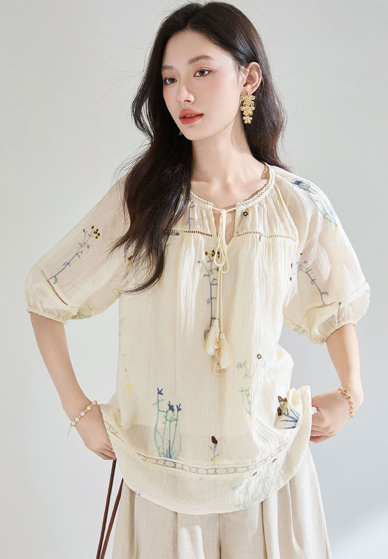 Summer French Tencel Hollow Lace Splicing Top CA25052907BE