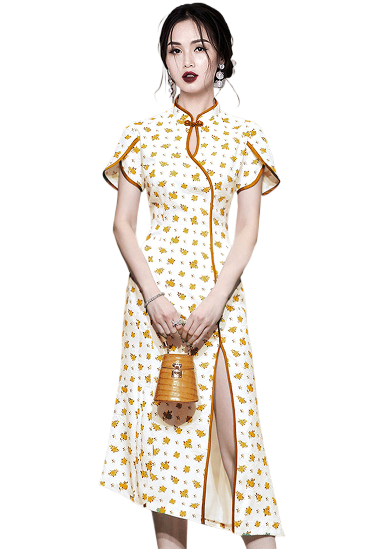 Retro Chinese style sexy slit printed cheongsam dress CA250325307GR