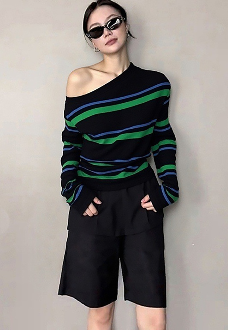 Autumn off-shoulder green striped knitted top CA25102407GR