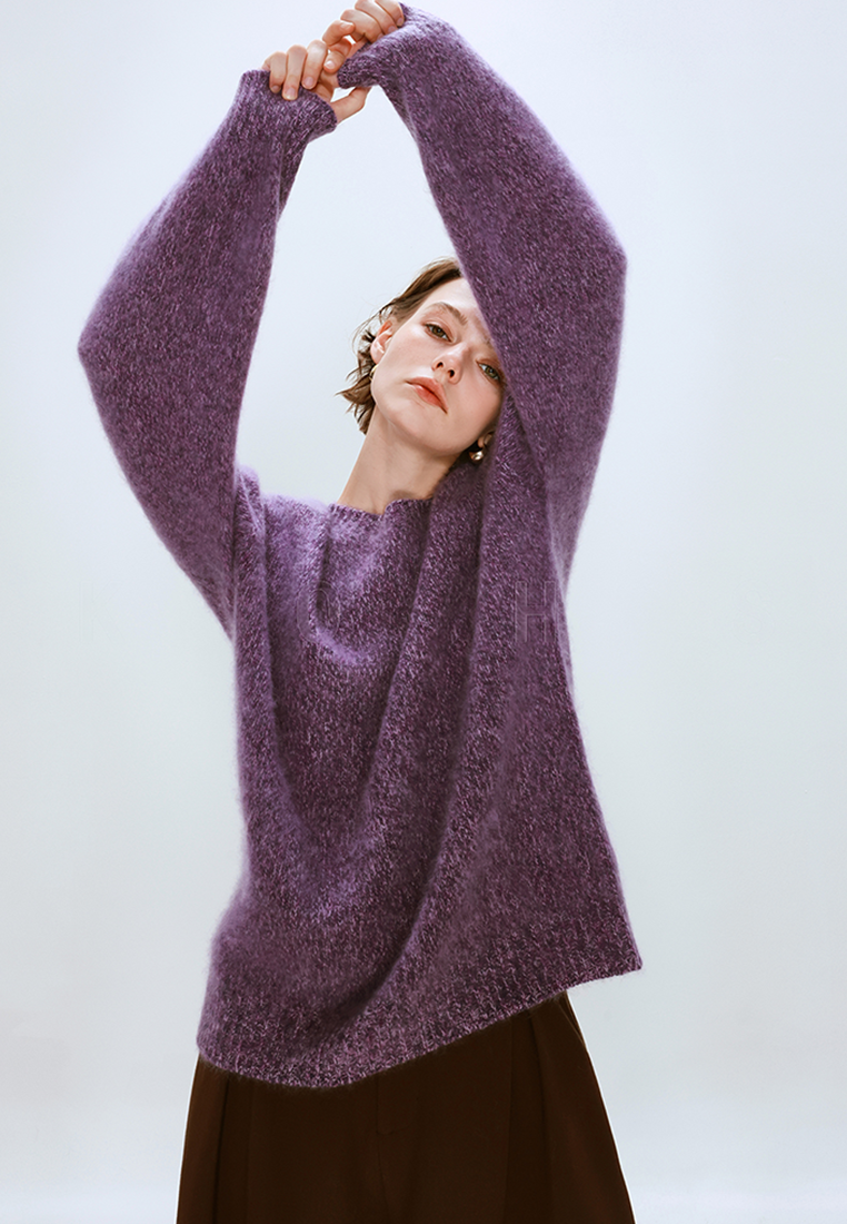 Autumn/Winter Wool Brushed Floral Yarn Knit Crew Neck Sweater CA25110307BL