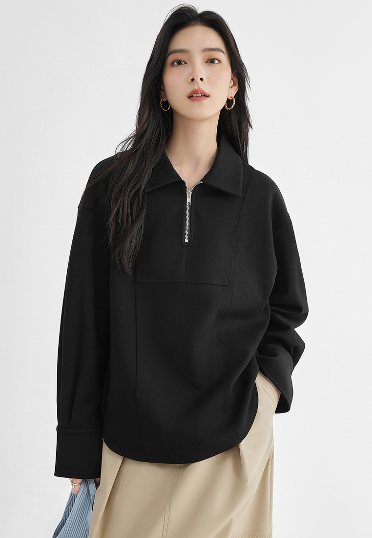 Simple design zipper lapel commuting top sweatshirt CA120407BE