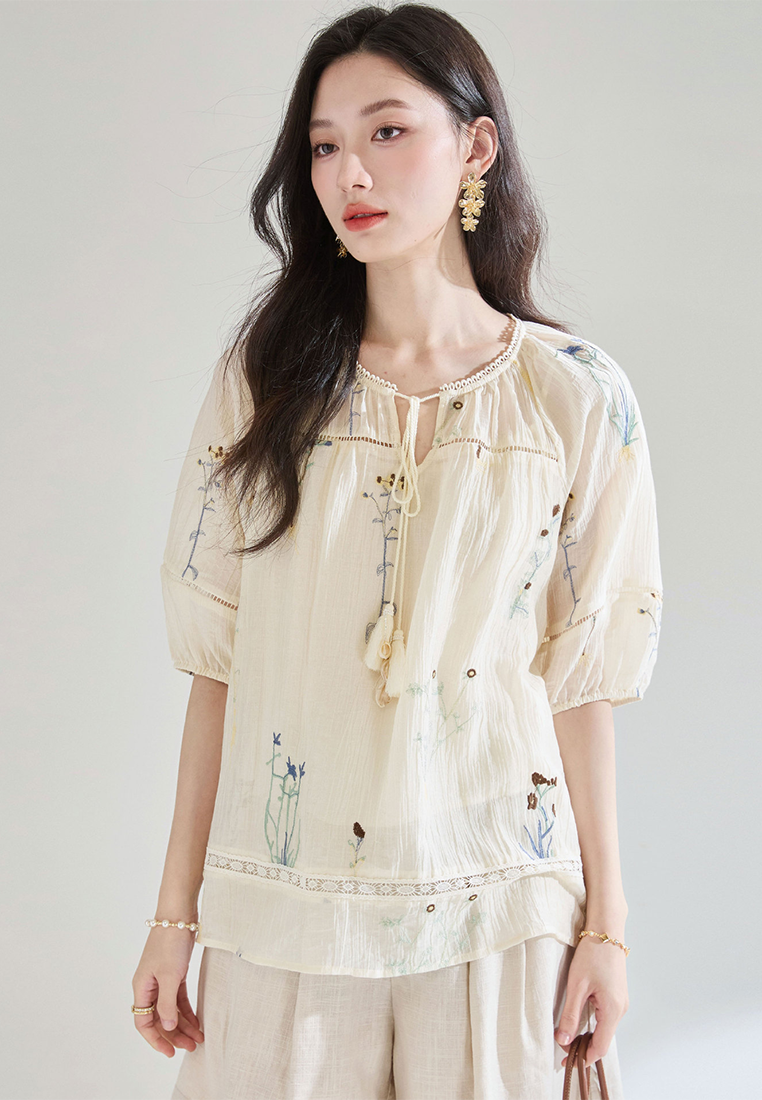 Summer French Tencel Hollow Lace Splicing Top CA25052907BE