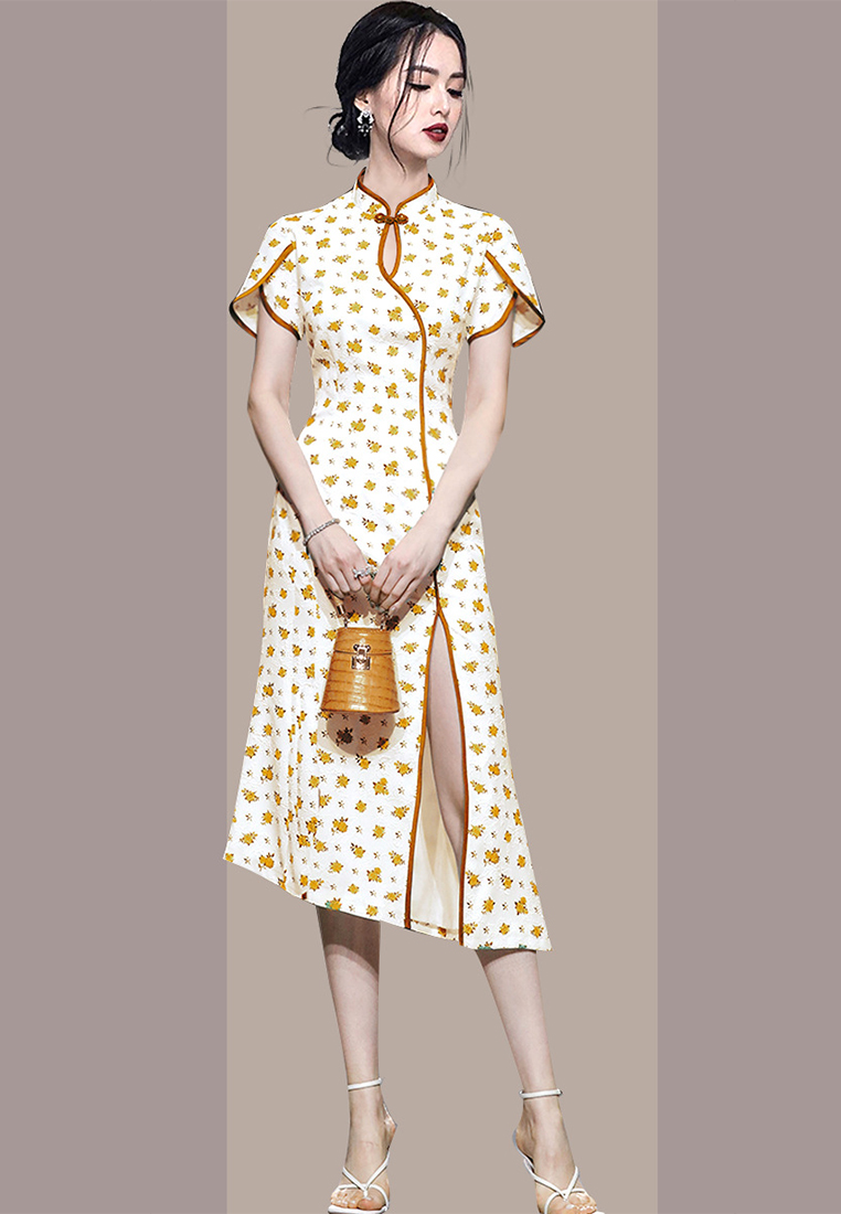 Retro Chinese style sexy slit printed cheongsam dress CA250325307GR