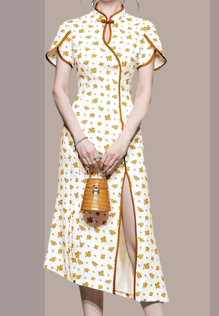 Retro Chinese style sexy slit printed cheongsam dress CA250325307GR