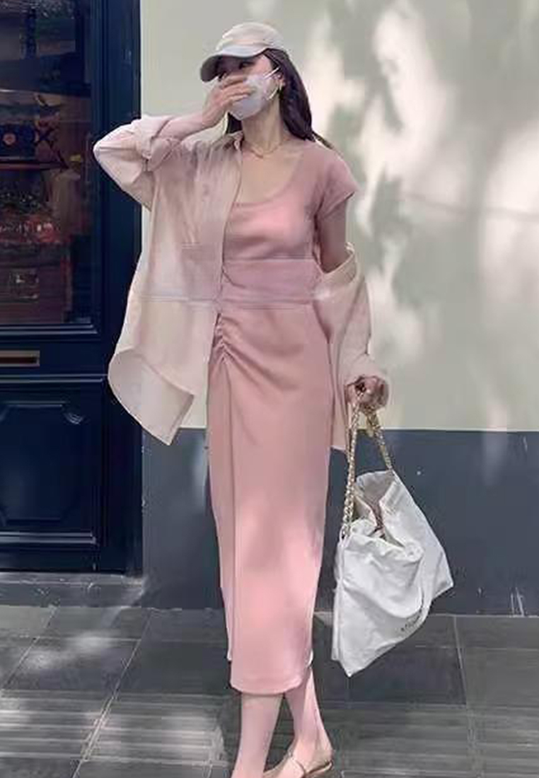 New summer short-sleeved knitted mid-slit long dress CA24050607DGGY