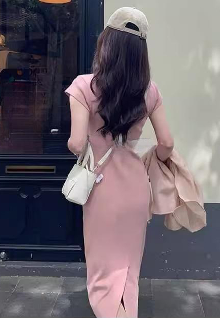 New summer short-sleeved knitted mid-slit long dress CA24050607DGGY