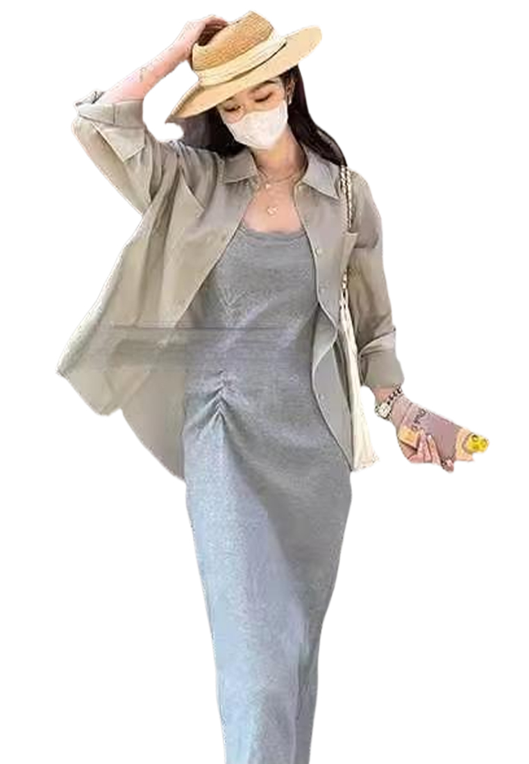 New summer short-sleeved knitted mid-slit long dress CA24050607DGGY