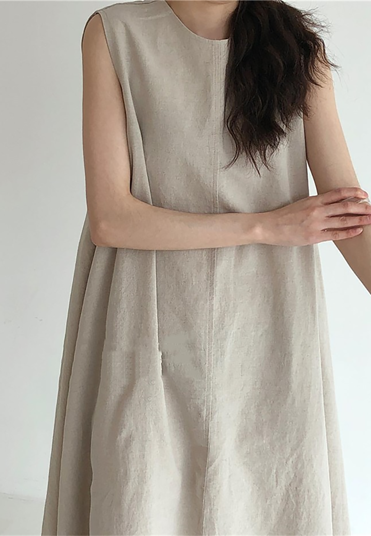 Korean chic cotton and linen loose sleeveless A-line vest dress CA25070931BW