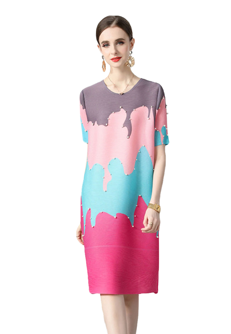 2023 New Summer Loose Short Sleeve Elegant Beaded Color-block Dress CA061370