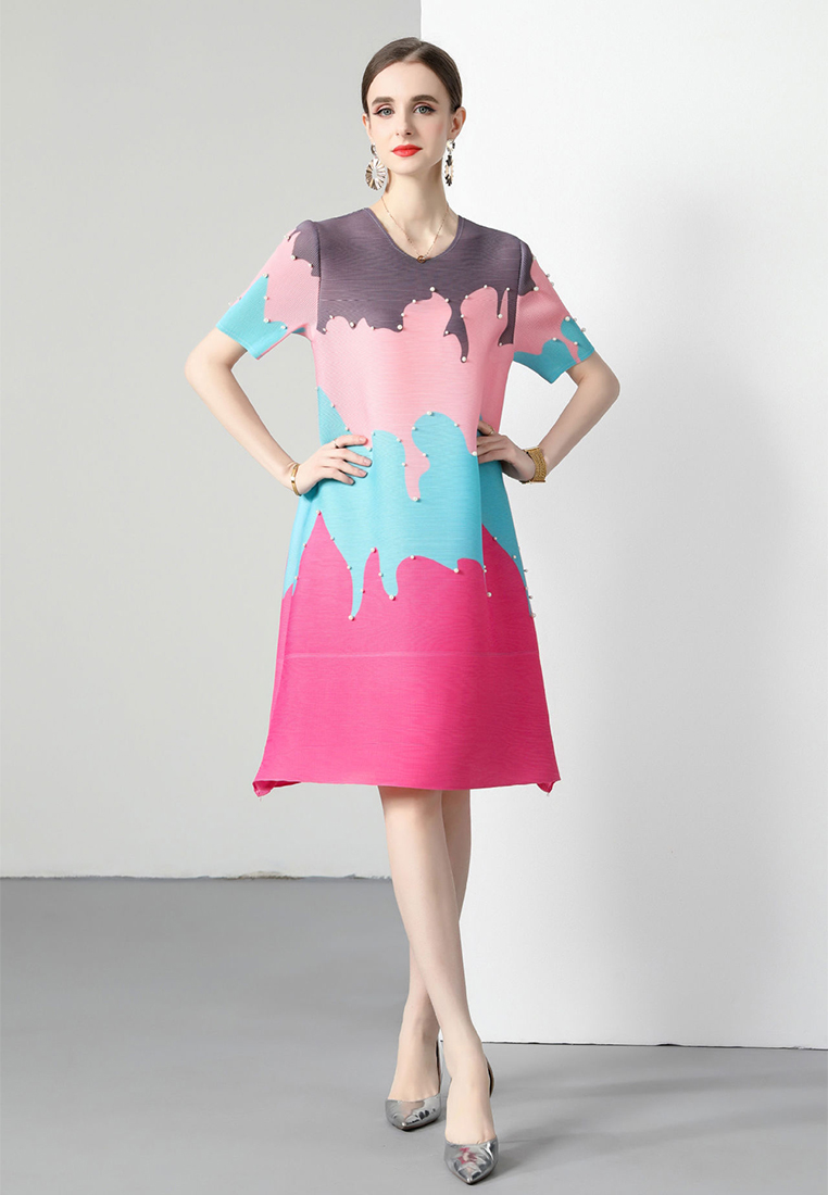 2023 New Summer Loose Short Sleeve Elegant Beaded Color-block Dress CA061370