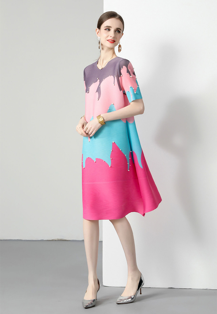 2023 New Summer Loose Short Sleeve Elegant Beaded Color-block Dress CA061370