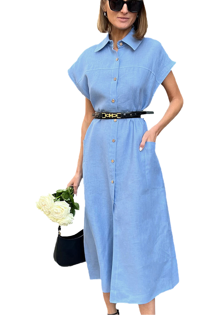 French lapel cotton and linen shirt dress CA225042270BL
