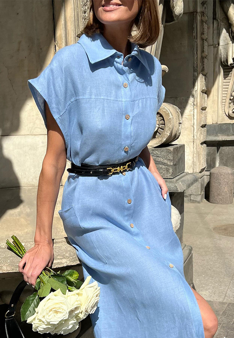 French lapel cotton and linen shirt dress CA225042270BL