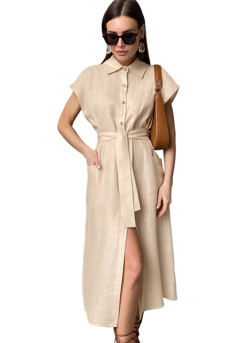 French lapel cotton and linen shirt dress CA225042270BL