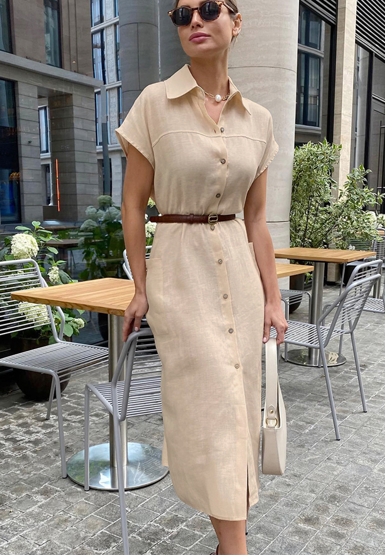 French lapel cotton and linen shirt dress CA225042270BL