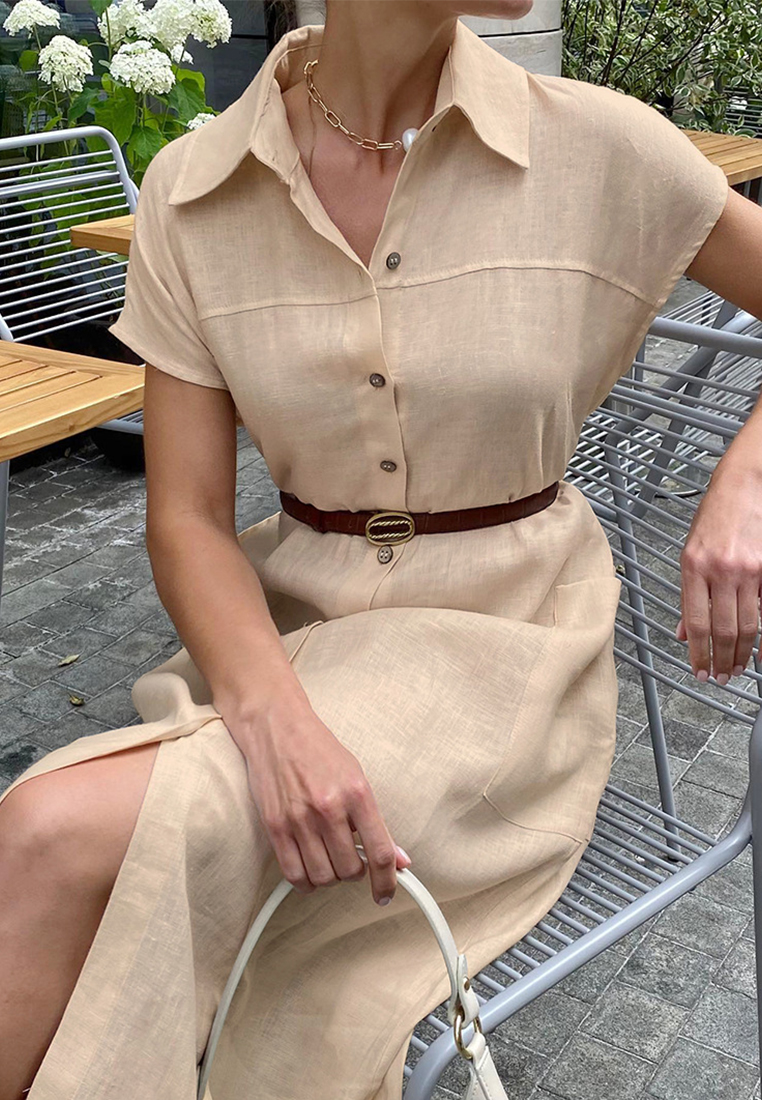 French lapel cotton and linen shirt dress CA225042270BL