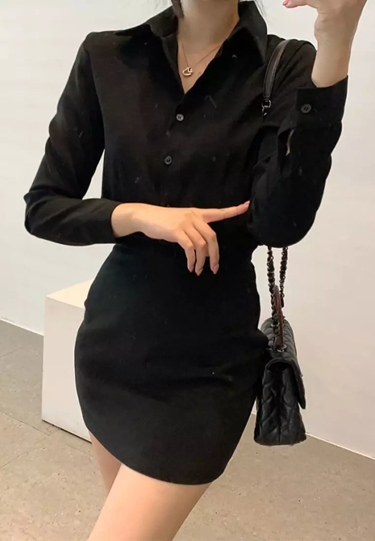 French style fashionable waist cinching solid color dress CA24092741BK