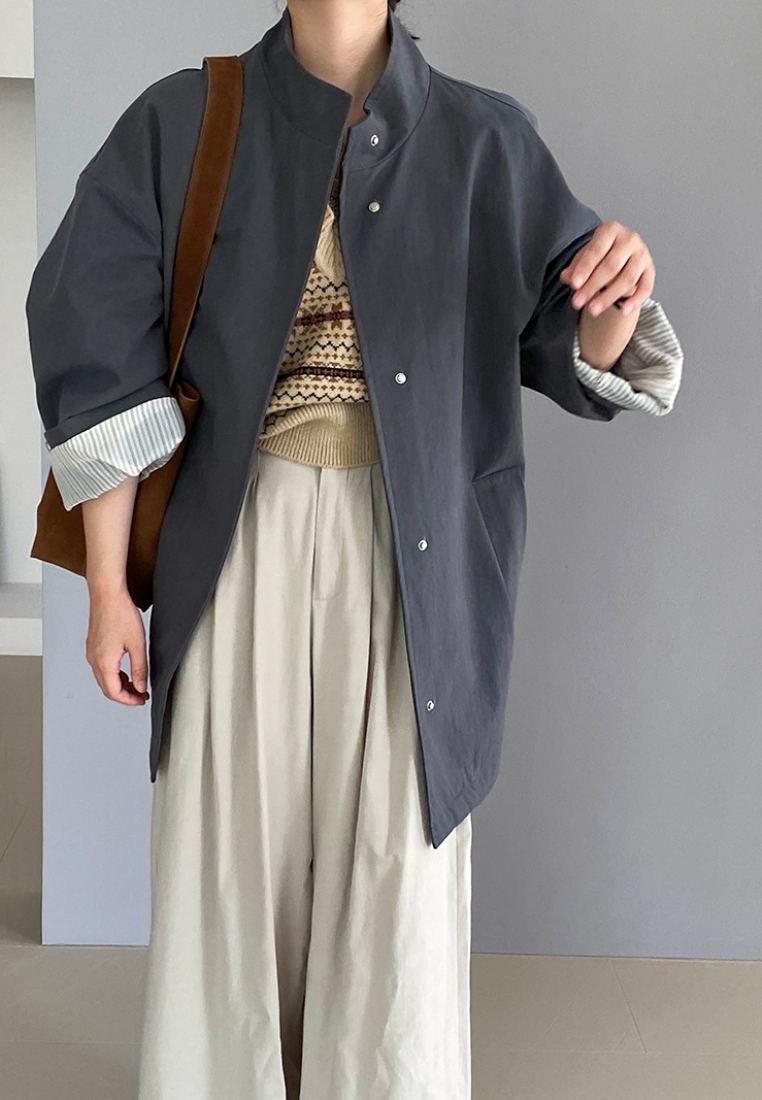 New silhouette mid-length workwear loose stand collar trench coat K091604GY-S